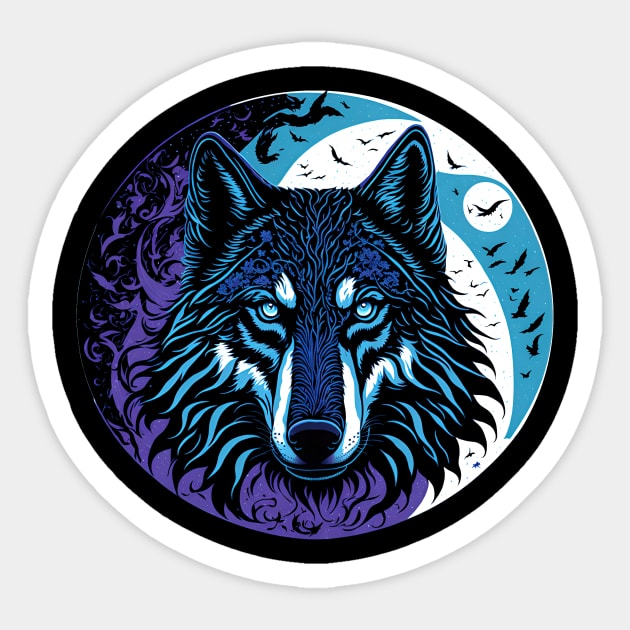 The Wolf in the Full Moon Accompanied by a Murder of Crows Sticker by SymbioticDesign